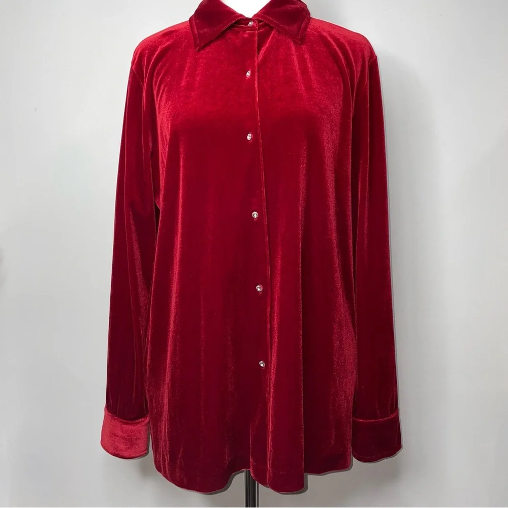 Jones New York Red Velvet Jeweled Rhinestones Buttons Shirt XL Holiday - Picture 8 of 15